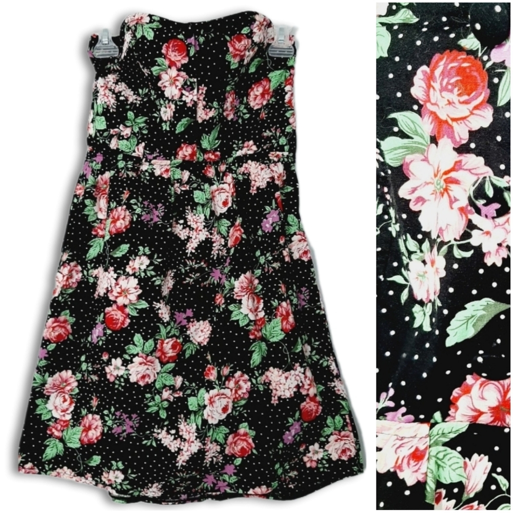 SHIKHA LONDON \ Strapless Floral & Polka Dot Mini Dress Black & Pink Sz M